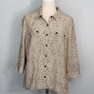 Elementz Button Down Tan and Black Polka Dot Blouse Size Petite L